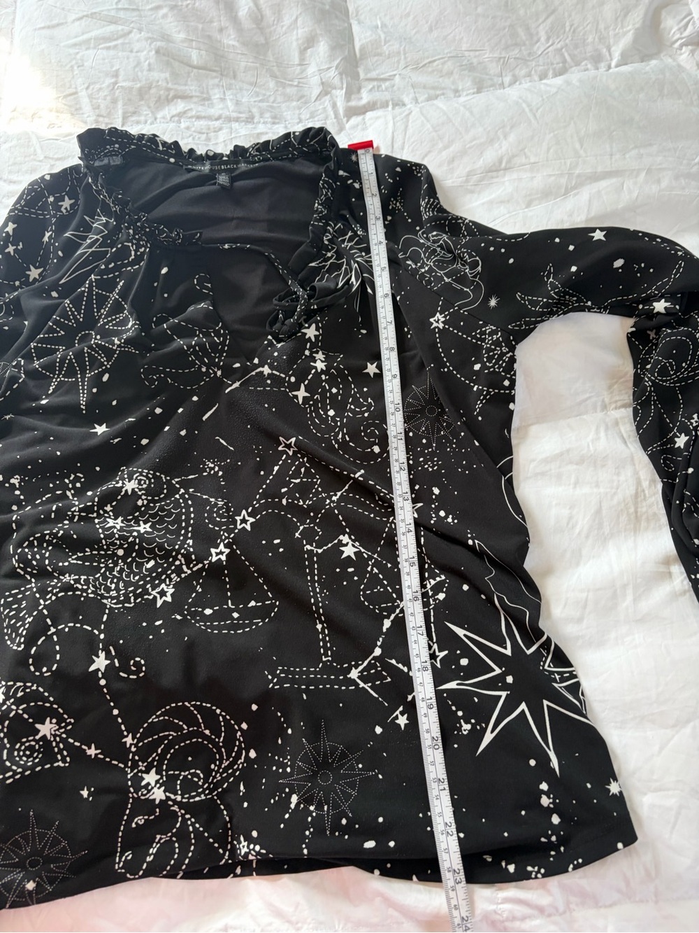 White House Black Market Black Celestial Print Ruffle-Neck Long Sleeve Top - Picture 6 of 7